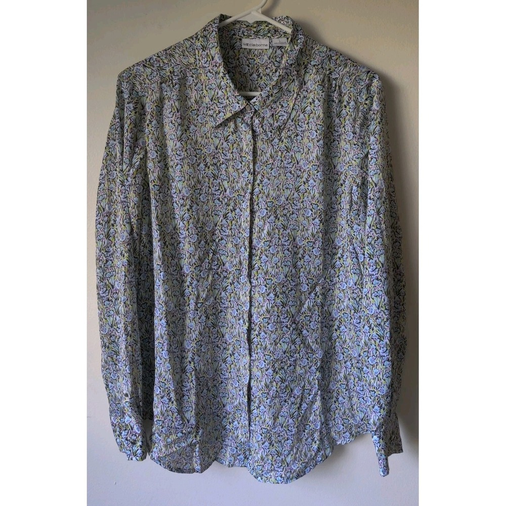 Liz Claiborne Women's Long Sleeve Floral Print Semi-Sheer Button Down Size Large